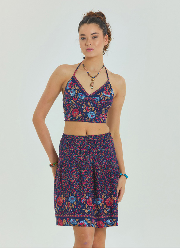Halter Neck Open Back Pink Floral Crop Blouse 4615